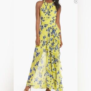 Eliza J yellow blue floral ruffled sleeveless dress sz18